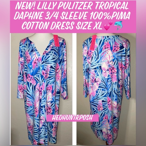 New! Lilly Pulitzer Tropical Daphne 3/4 Sleeve 100%Pima Cotton Dress Size XL💕🐬 - Picture 12 of 12